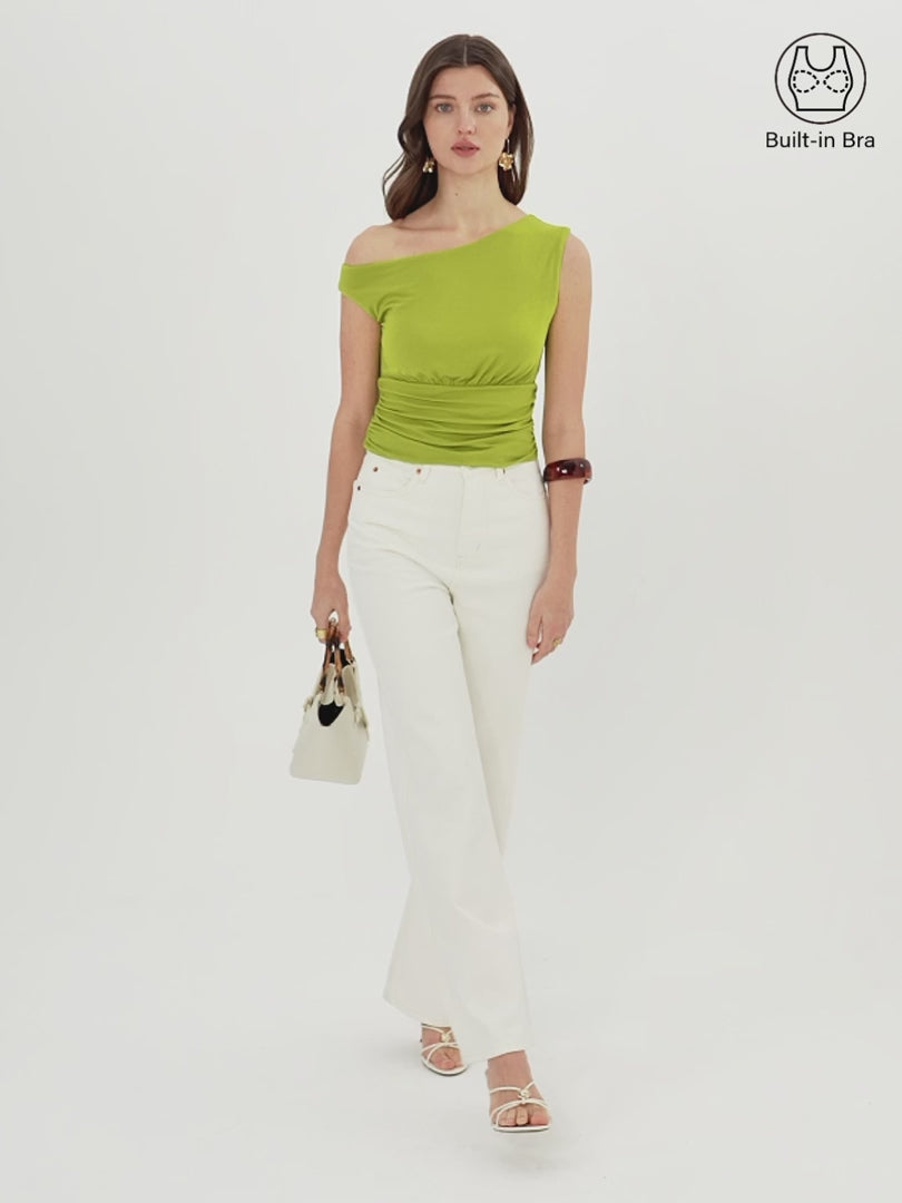 OGLmove Women's Asymmetrical Neck Cropped Ruched Bra Top