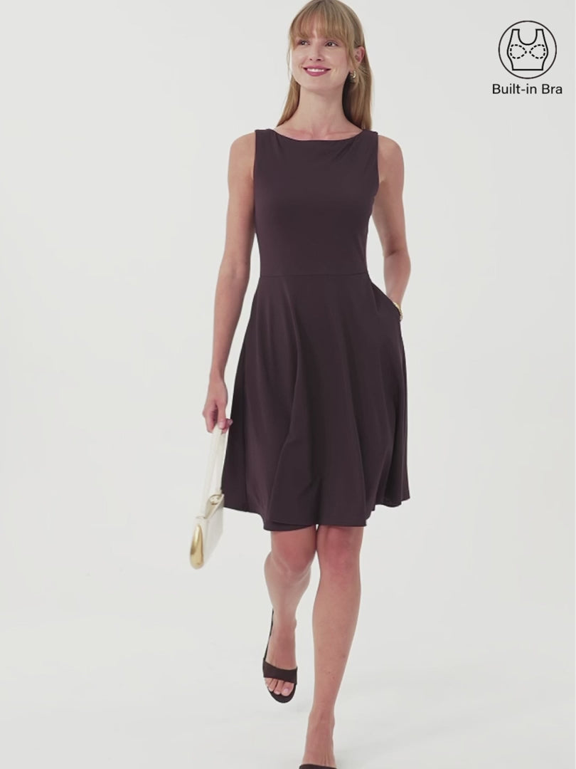 OGLmove Women's Boatneck Fit-and-Flare Mini Bra Dress with Pockets