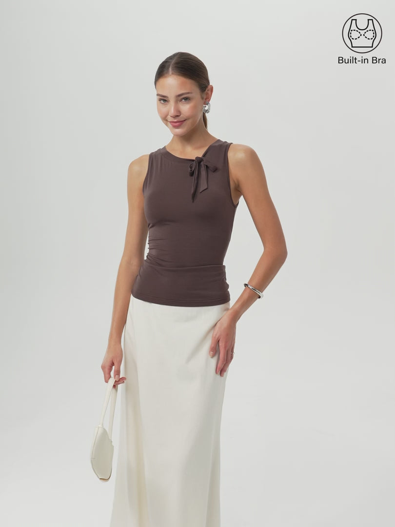 OGLmove Women's Milky Smooth Round Neck Sleeveless Top with Bow