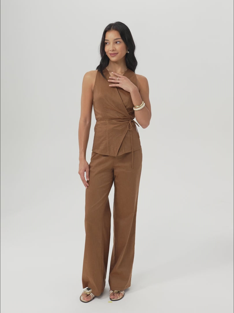 OGLmove 2Pcs Wrap Top and Wide Leg Pant Set with Pockets