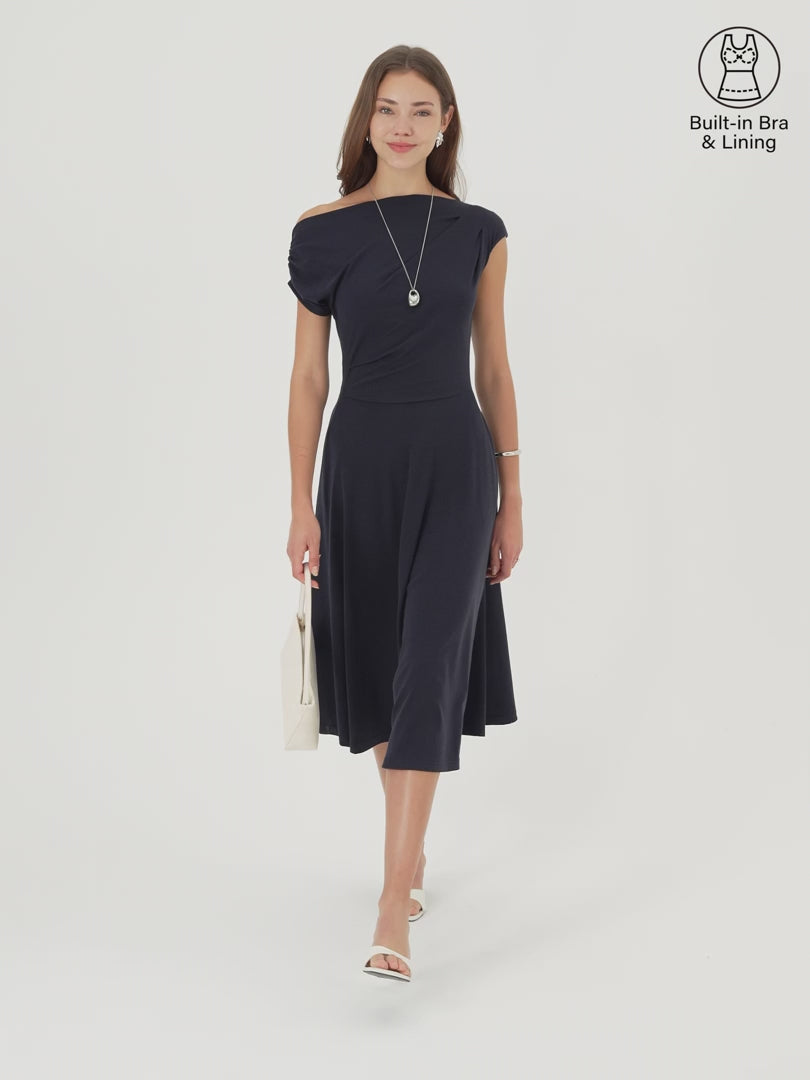 OGLmove Asymmetrical Shoulder Tucked Midi Bra Dress with Pockets