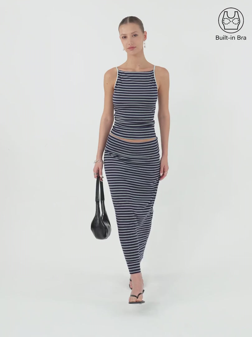 OGLmove Striped Spaghetti Bra Top & Low Rise Midi Skirt Set