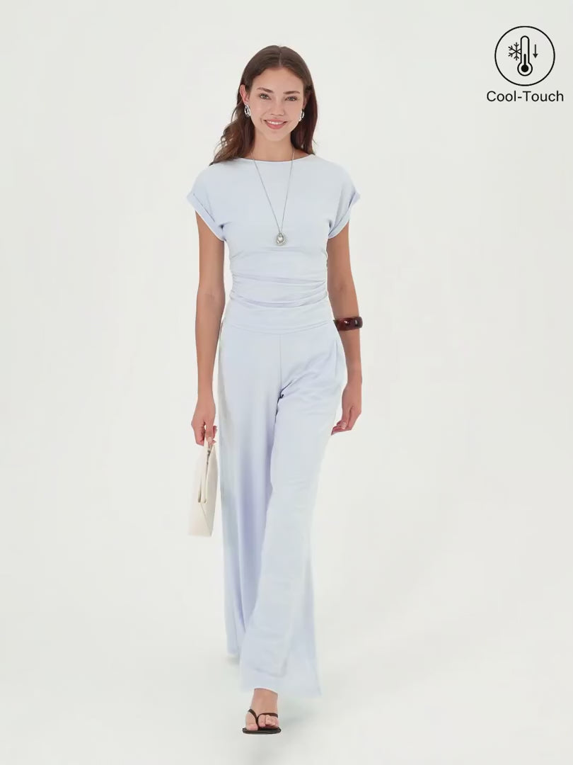 OGLmove Women's 2-Piece Set Round Neck Ruched Tee Wide Leg