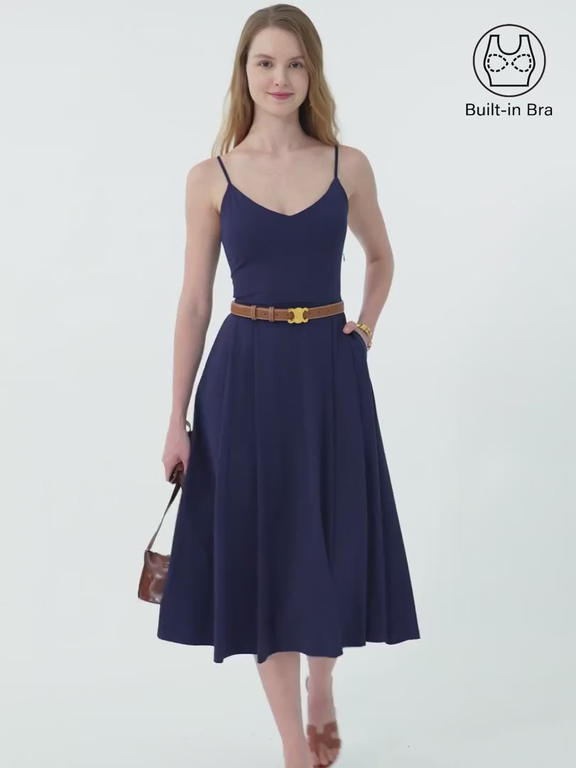 OGLmove Women's Bamboo Ponte V-Neck Fit-and-Flare Midi Bra Sundress with Pockets