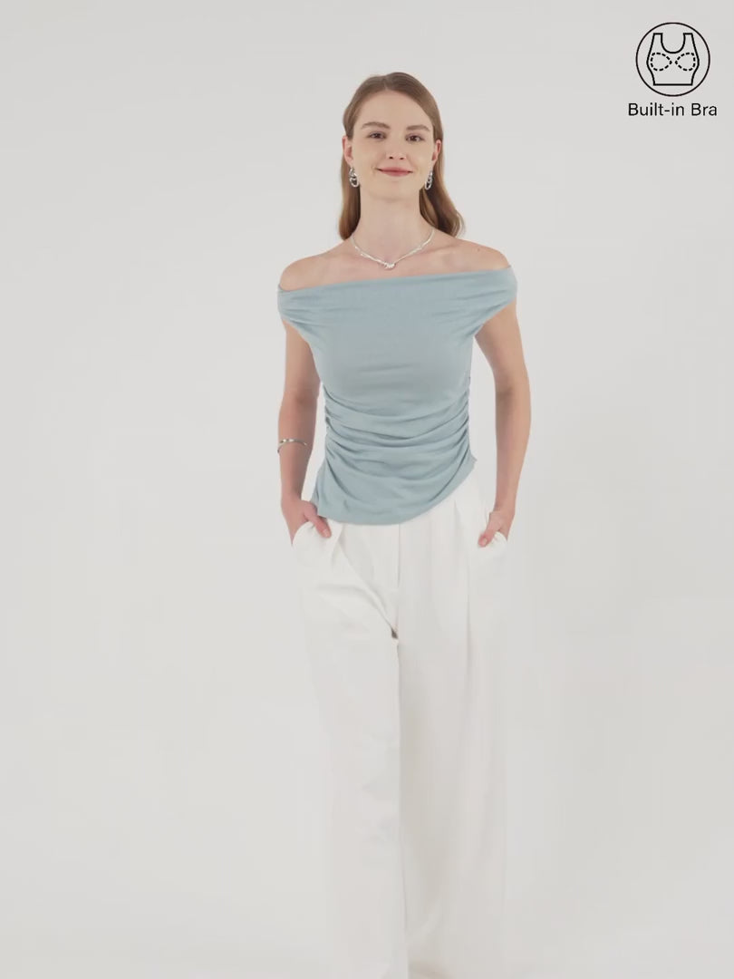 OGLmove Off Shoulder Cotton-Linen Gathered Airy Bra Tank
