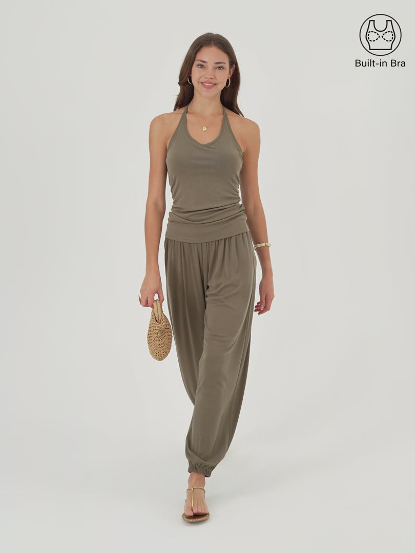 OGLmove 2-Piece Open Back Bra Top & Balloon Pants with Pockets