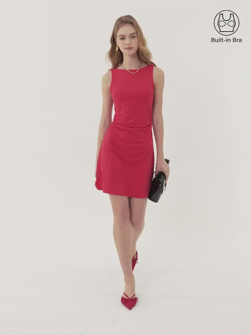 OGLmove Women's Boatneck Ruched A-Line Mini Bra Dress