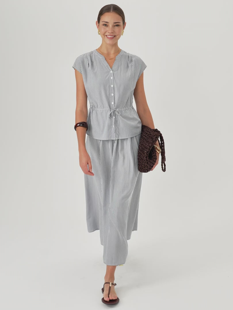OGLmove Notched V-Neck Drawstring Waist Poplin Shirt
