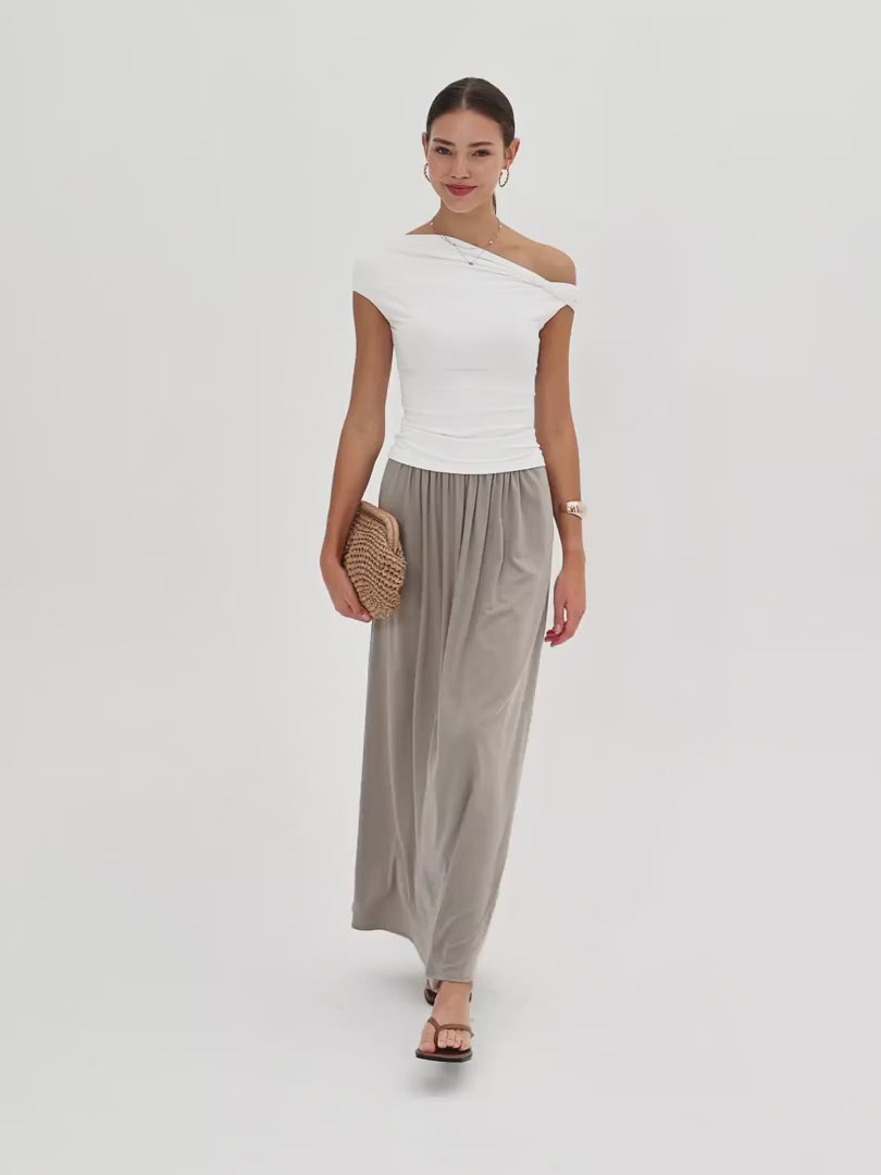 OGLmove Soft Linen Knit Gathered A-Line Maxi Skirt with Pockets