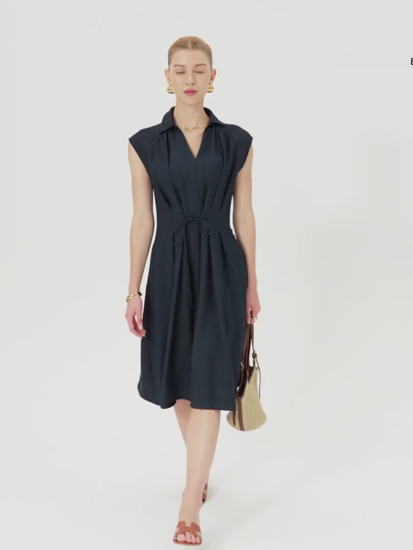 OGLmove Viscose-Linen Collared V-Neck Midi Dress with Drawstring