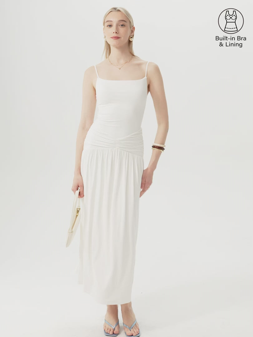 OGLmove Not-See-Thru Spaghetti Gathered Maxi Bra Dress